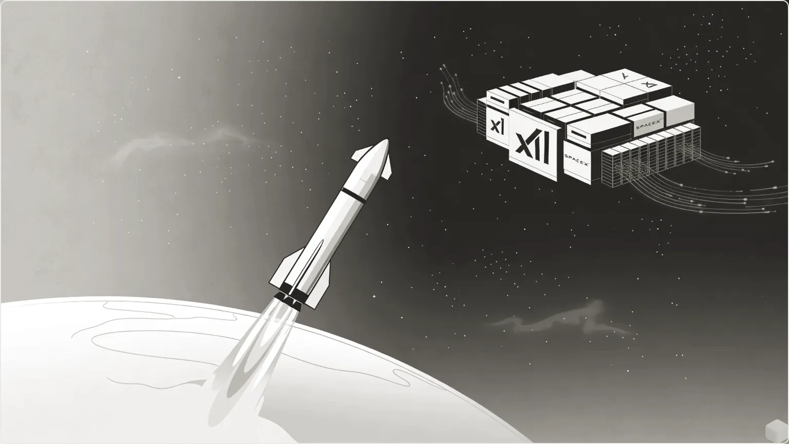 SpaceX Starship launching orbital xAI data center into space amid cosmic backdrop