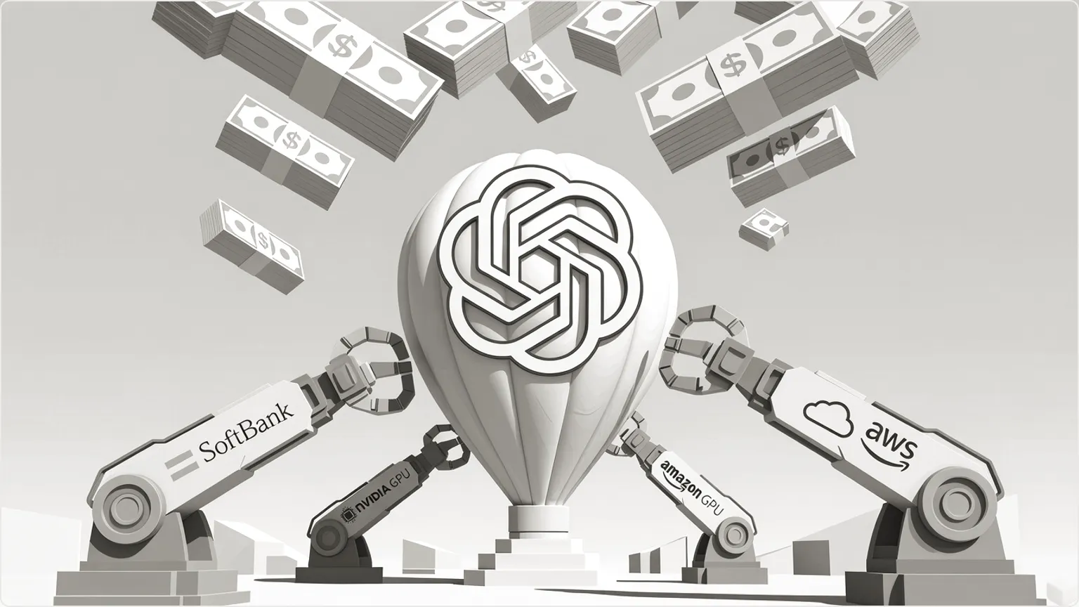 Dramatic illustration of OpenAI's $850B valuation funding surge led by SoftBank, Nvidia, and Amazon.