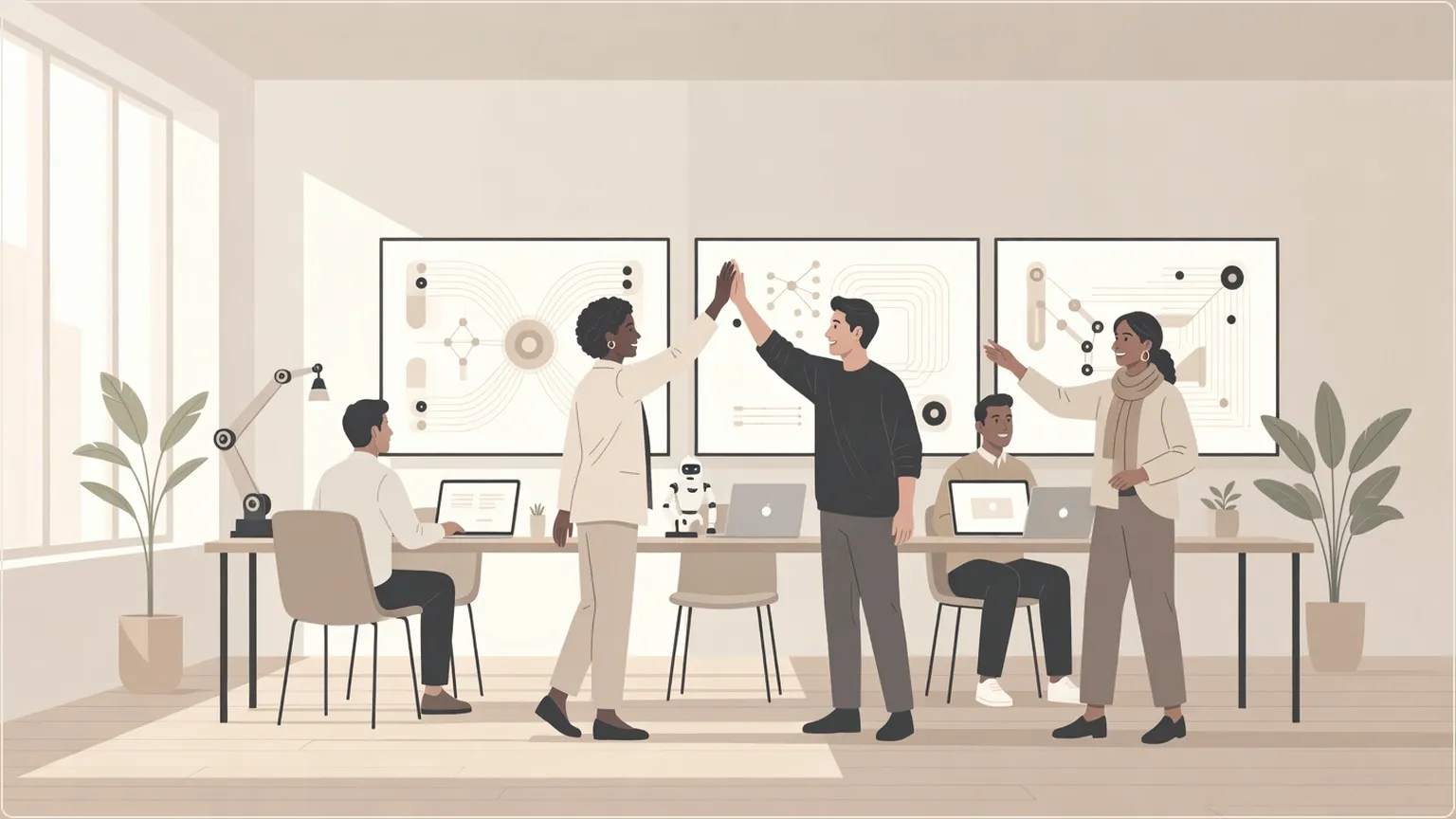 Team of workers celebrating enhanced productivity with new AI office plugins