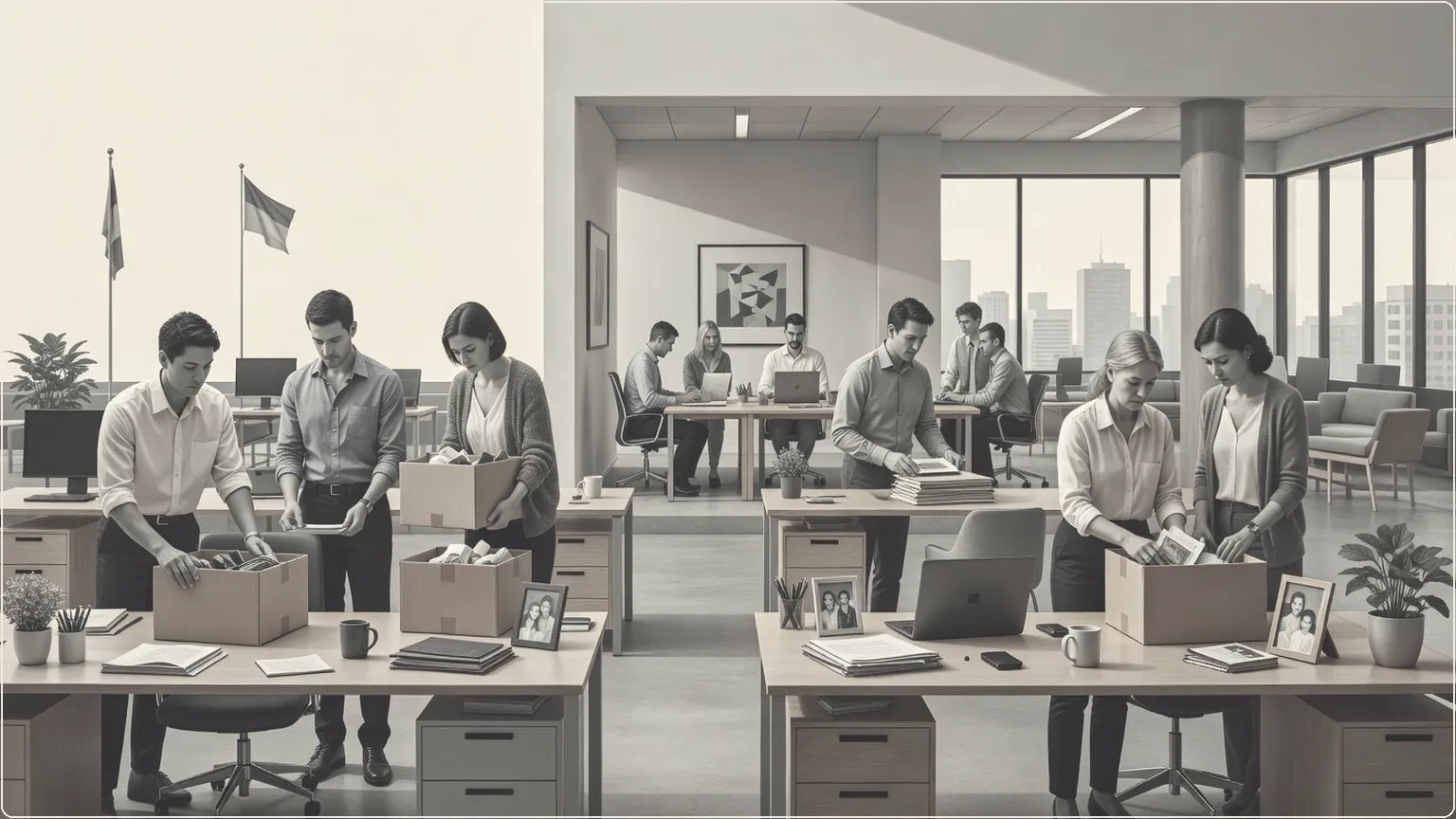 Office workers packing up desks amid layoffs from AI productivity gains, with remaining team working efficiently