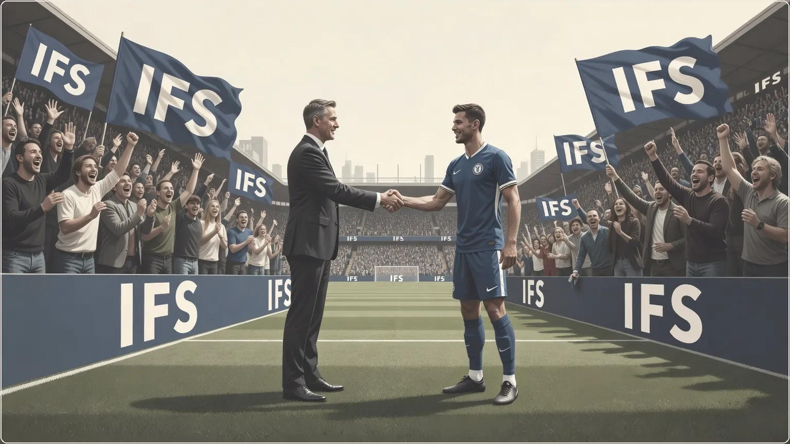 IFS executive shakes hands with Chelsea FC captain on pitch amid fans with sponsorship banners