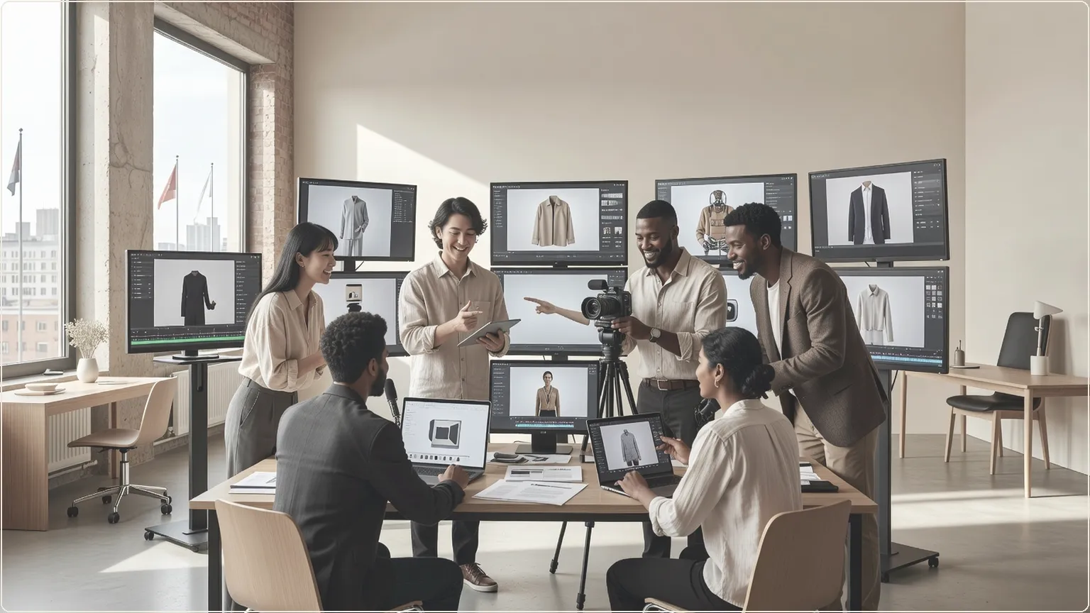 E-commerce team orchestrating automated video production on screens