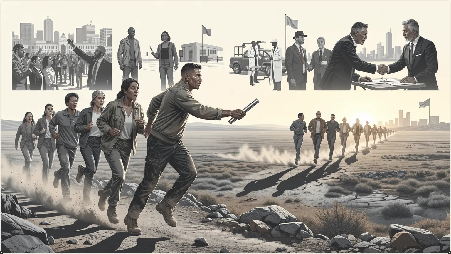 Engineers in relay race symbolizing competitive AI model releases