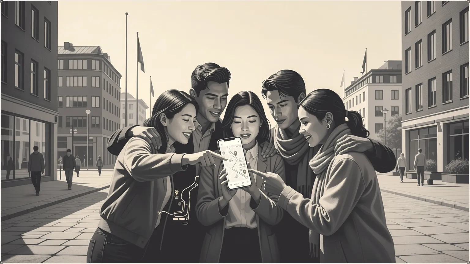 Friends exploring city streets using AI-upgraded Google Maps on phone