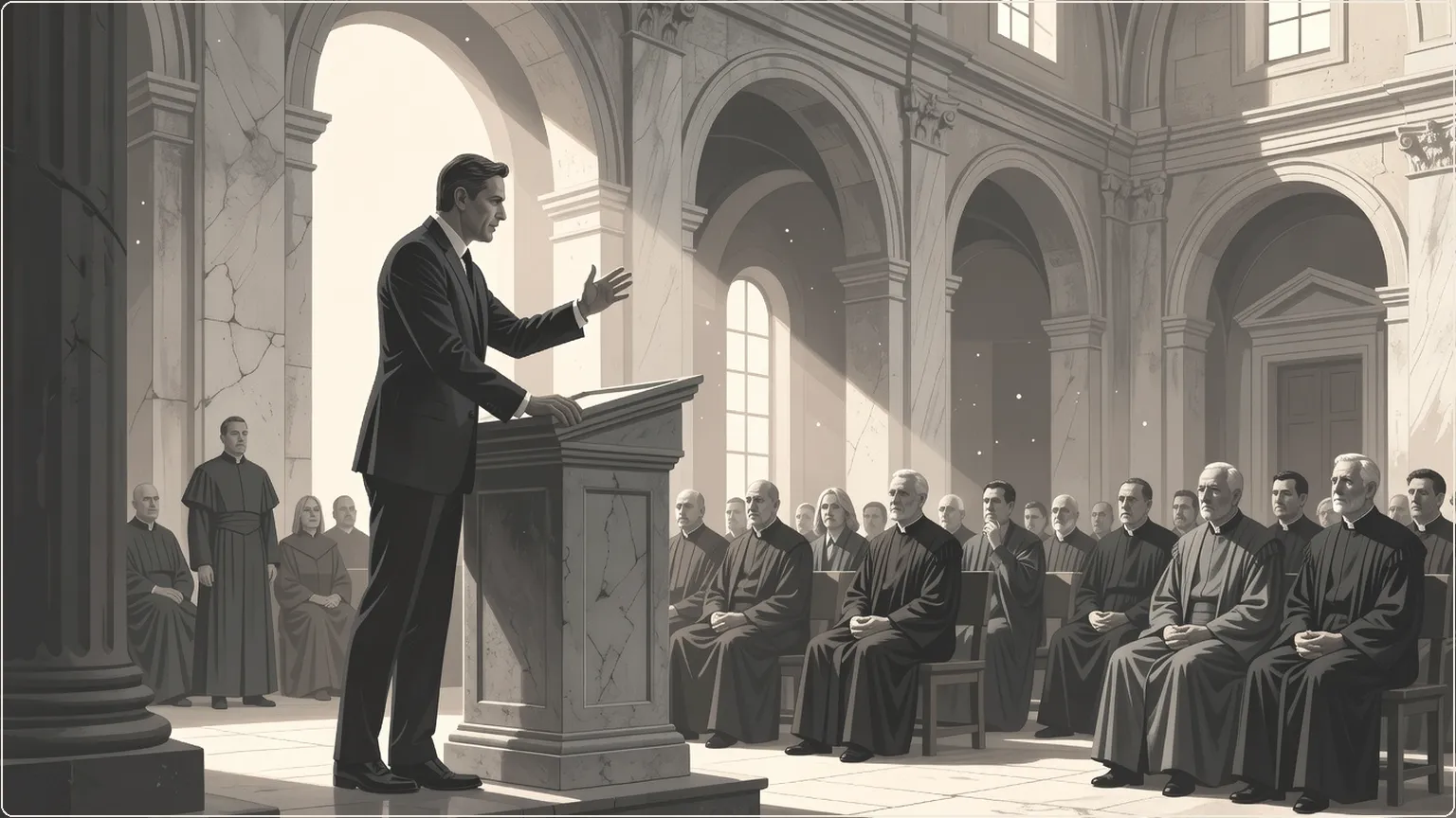 Peter Thiel addressing clerics on AI theology in a Roman basilica