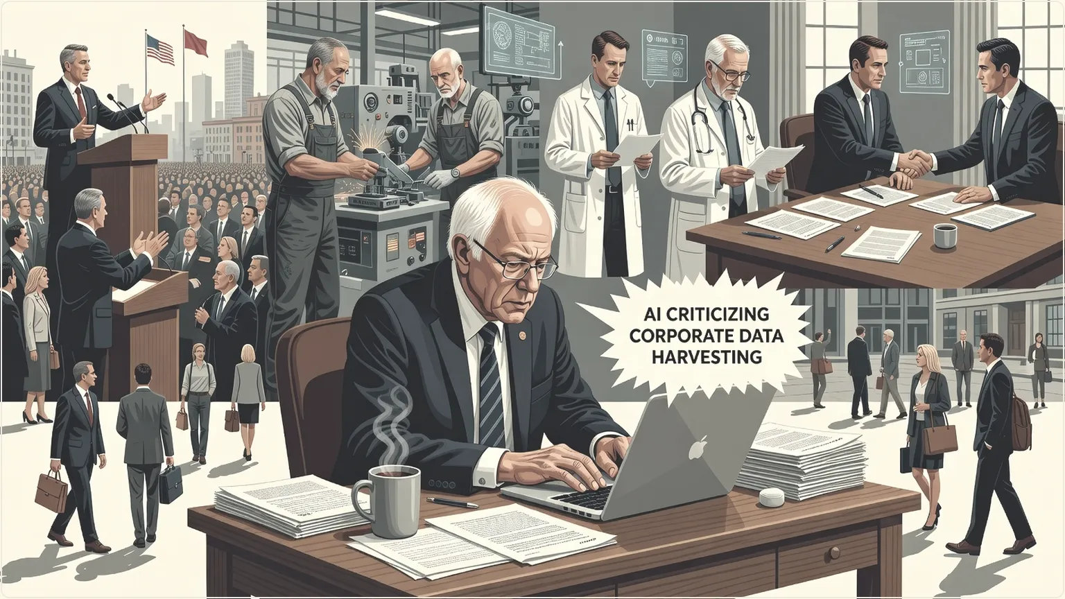 Bernie Sanders prompting AI chatbot to denounce data collection practices