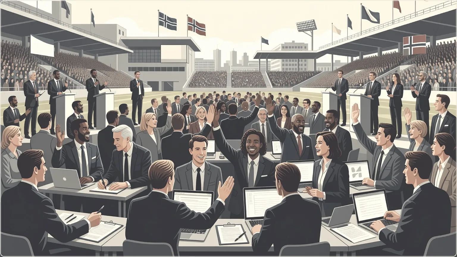 Teams of AI championship participants collaborating excitedly in a Norwegian stadium