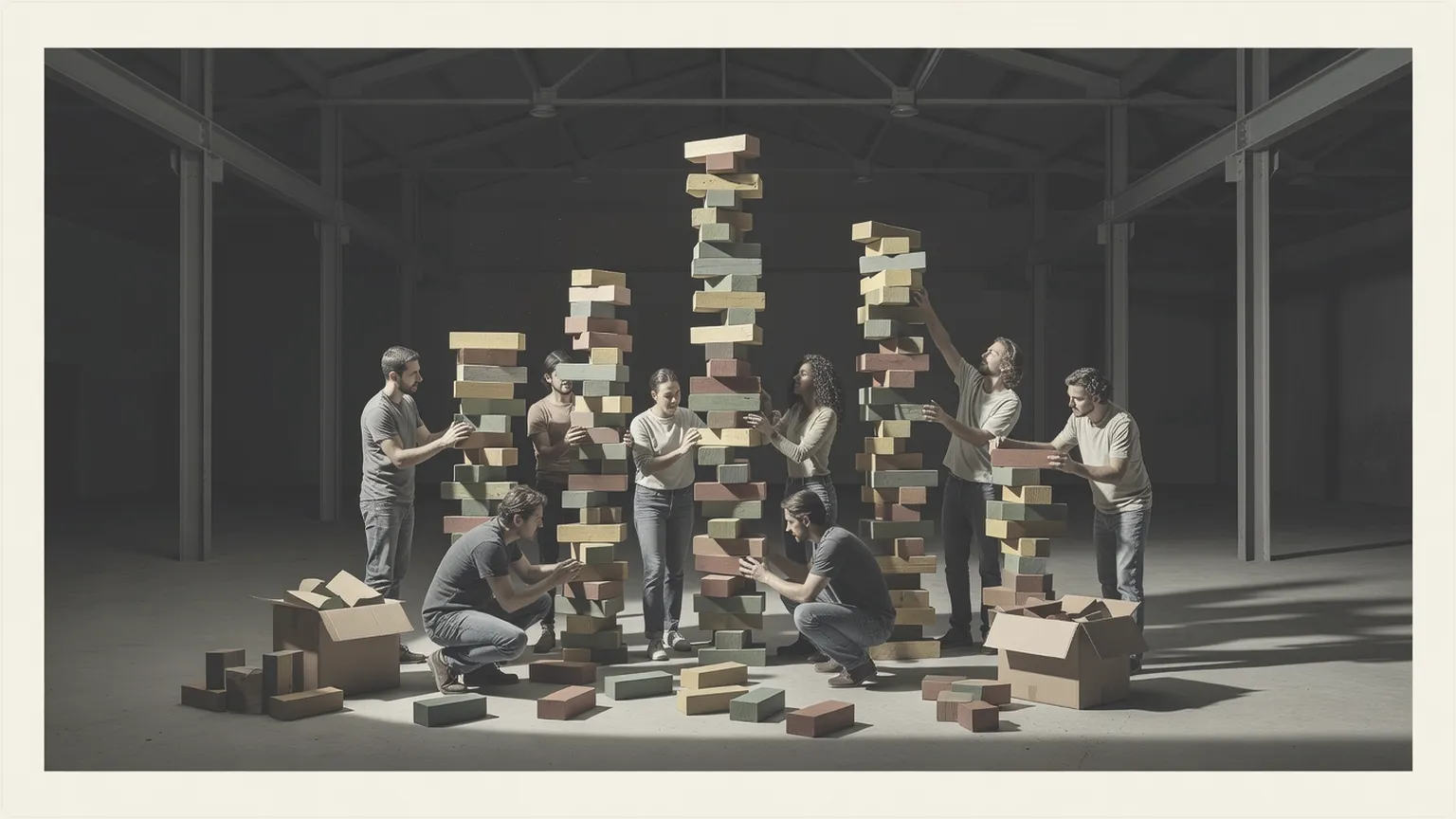 Developers building precarious towers of code blocks in an industrial warehouse, illustrating vibe-coding's technical debt.