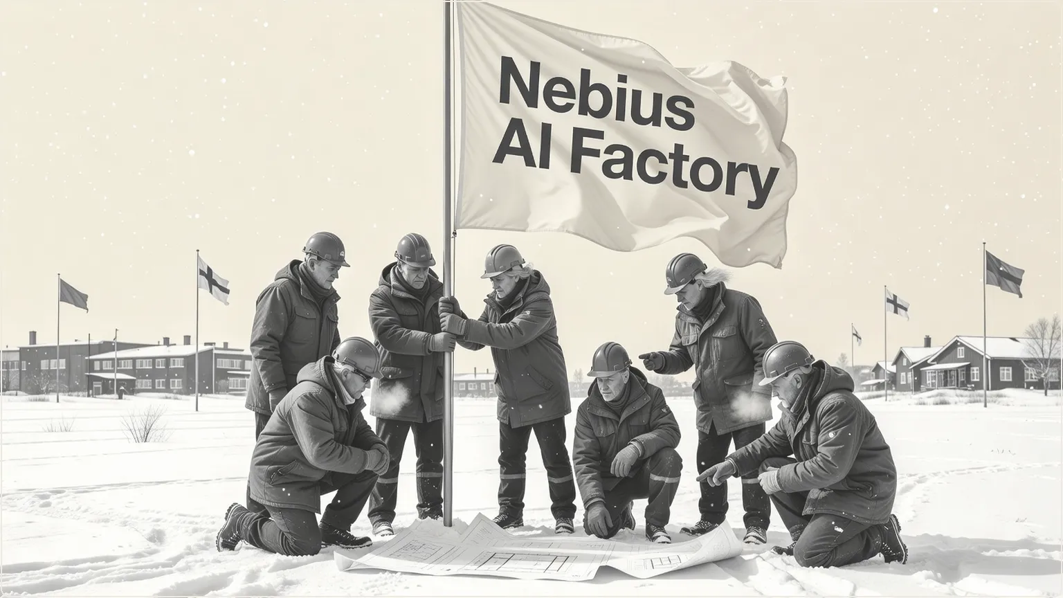 Engineers planting AI factory flag in snowy Finnish landscape