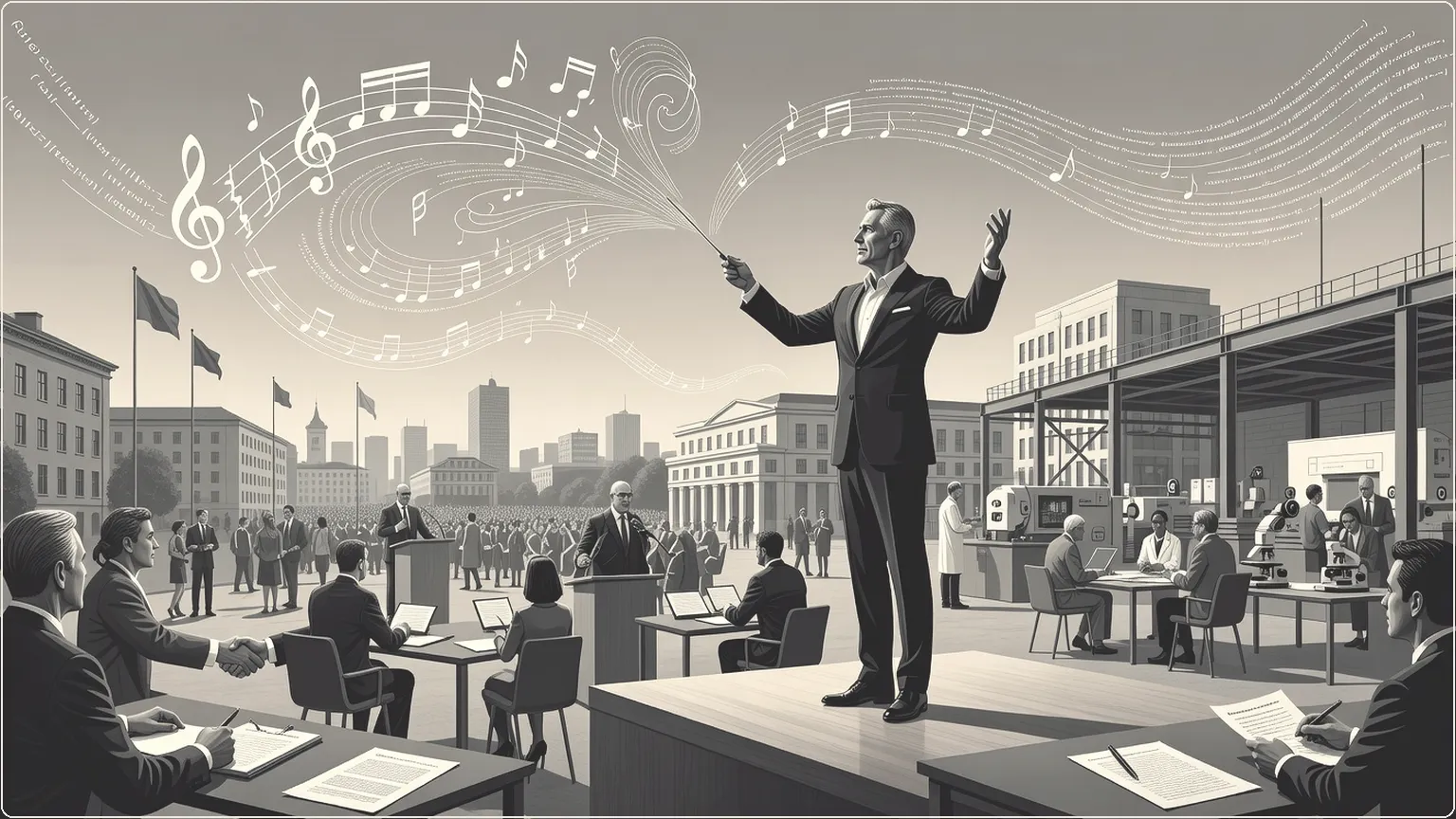 Conductor directing code as musical streams, illustrating coding as orchestration