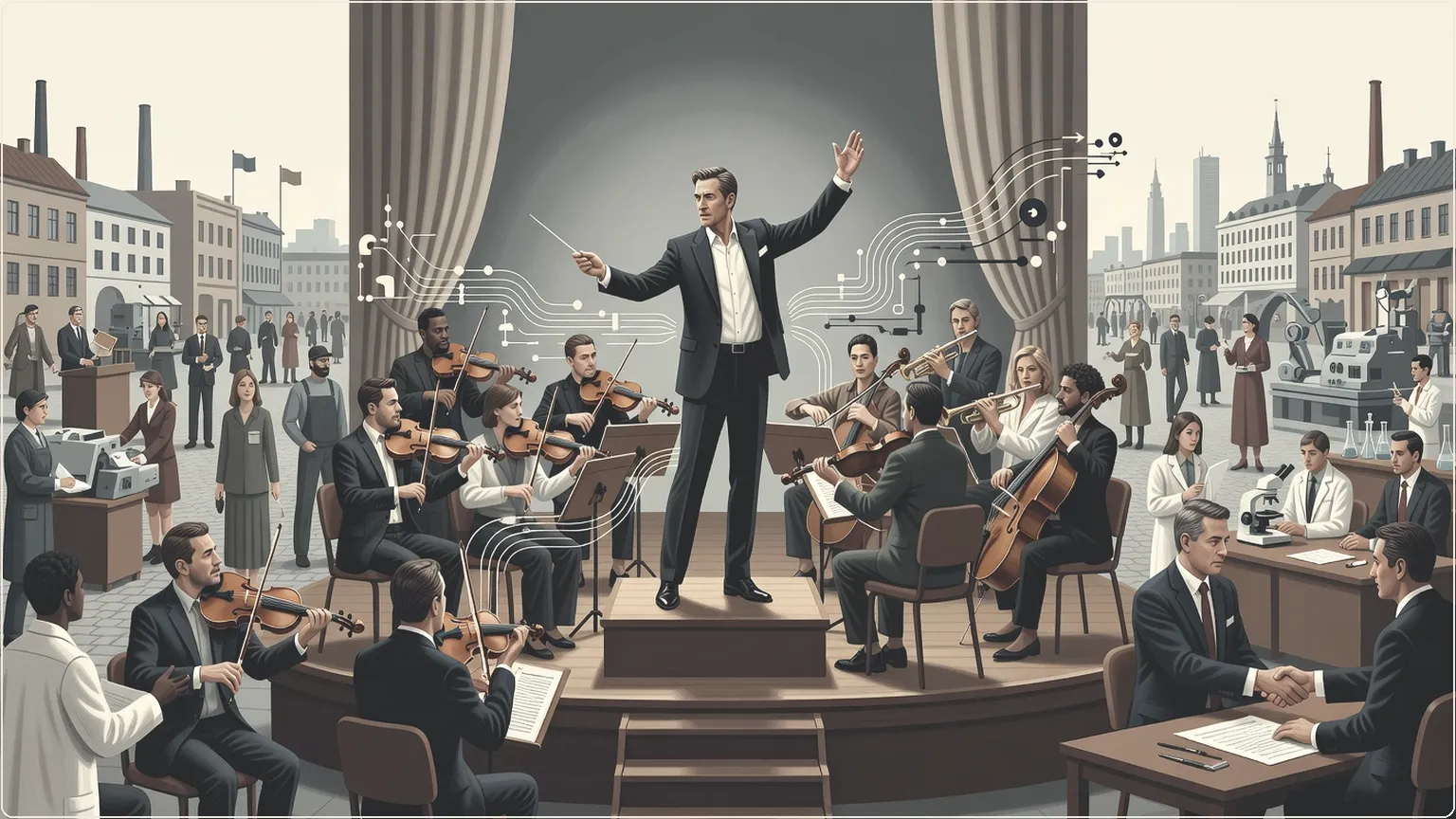 Conductor directing musicians symbolizing orchestration of AI managed agents