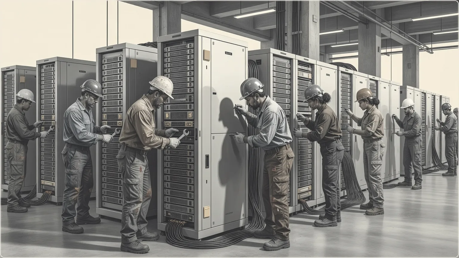 Engineers building AI infrastructure server racks in a European data center