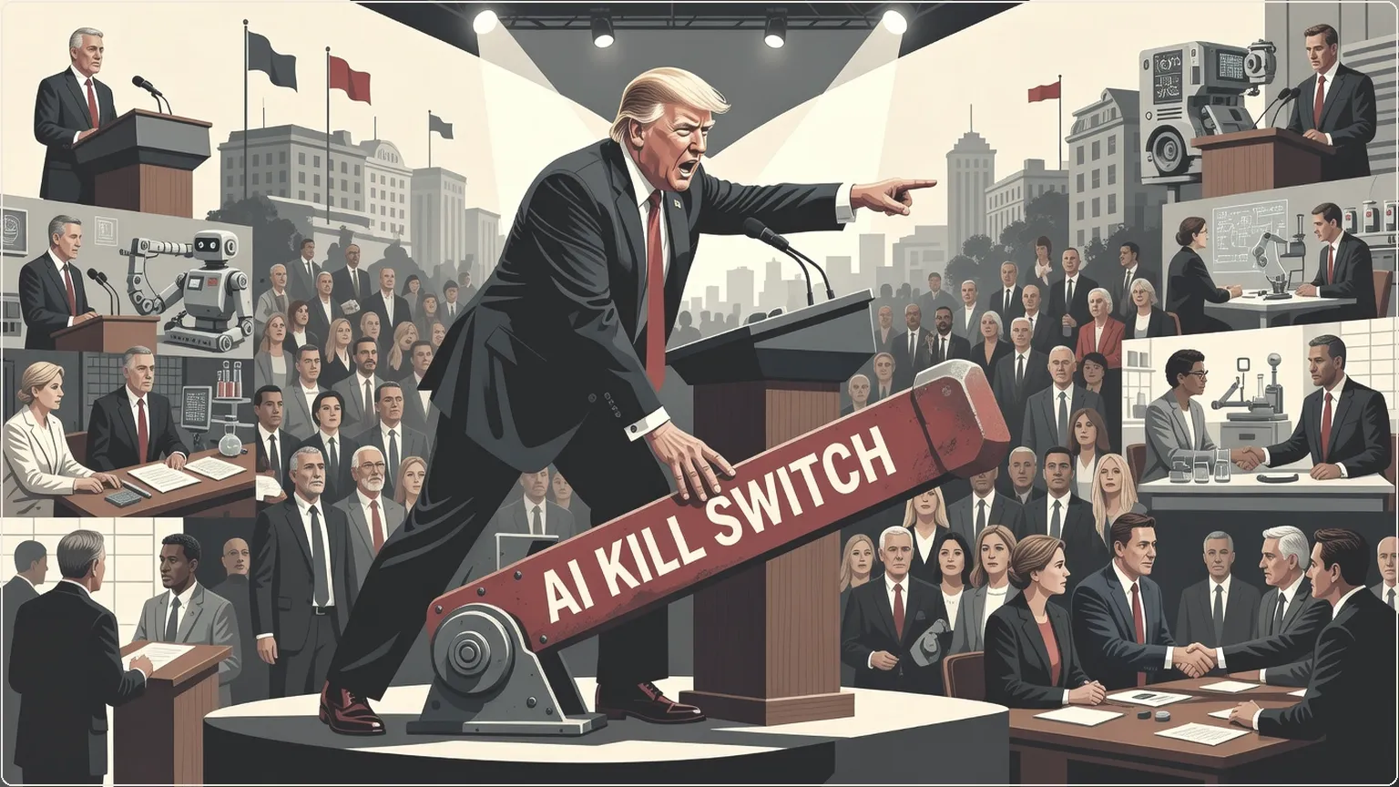Trump dramatically activating an AI kill switch at a political rally