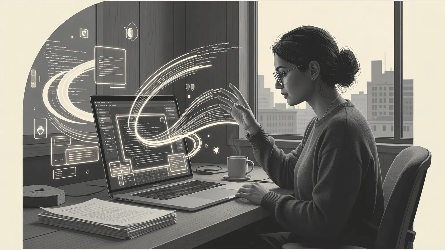 Creative professional orchestrating AI-assisted code on Mac with Gemini