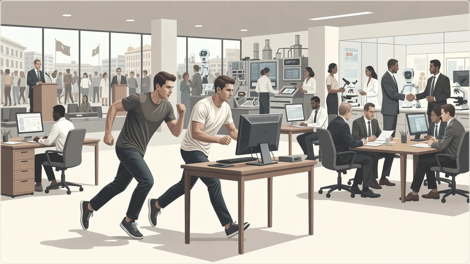 Two engineers racing to claim a desktop computer, representing OpenAI and Perplexity's competition.