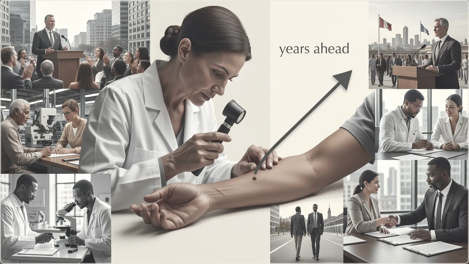 Dermatologist checking patient's skin for melanoma with predictive timeline to healthy future
