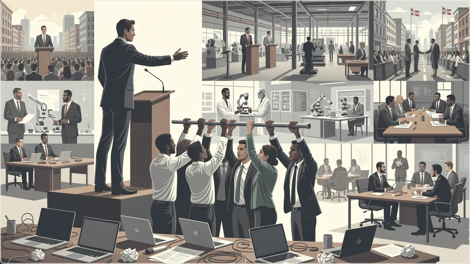 Human team orchestrated by leader raising a bar, symbolizing advanced AI coordination