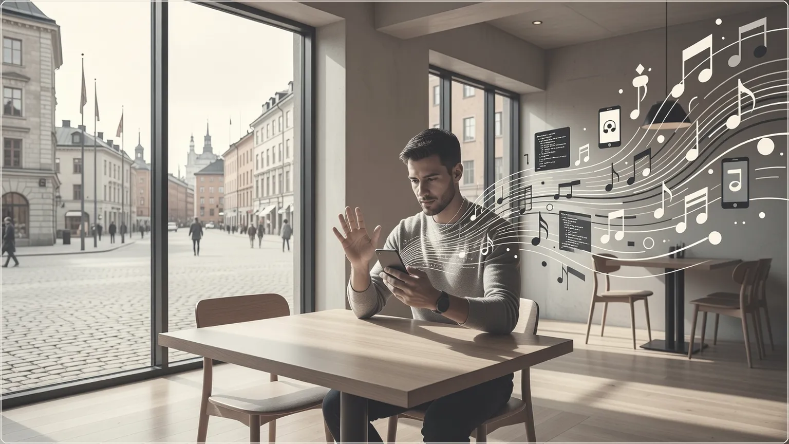 Developer vibe-coding on mobile in cozy cafe