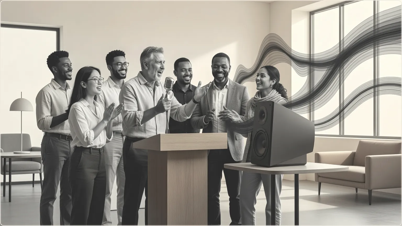 Creators excitedly testing custom voice clones in a studio